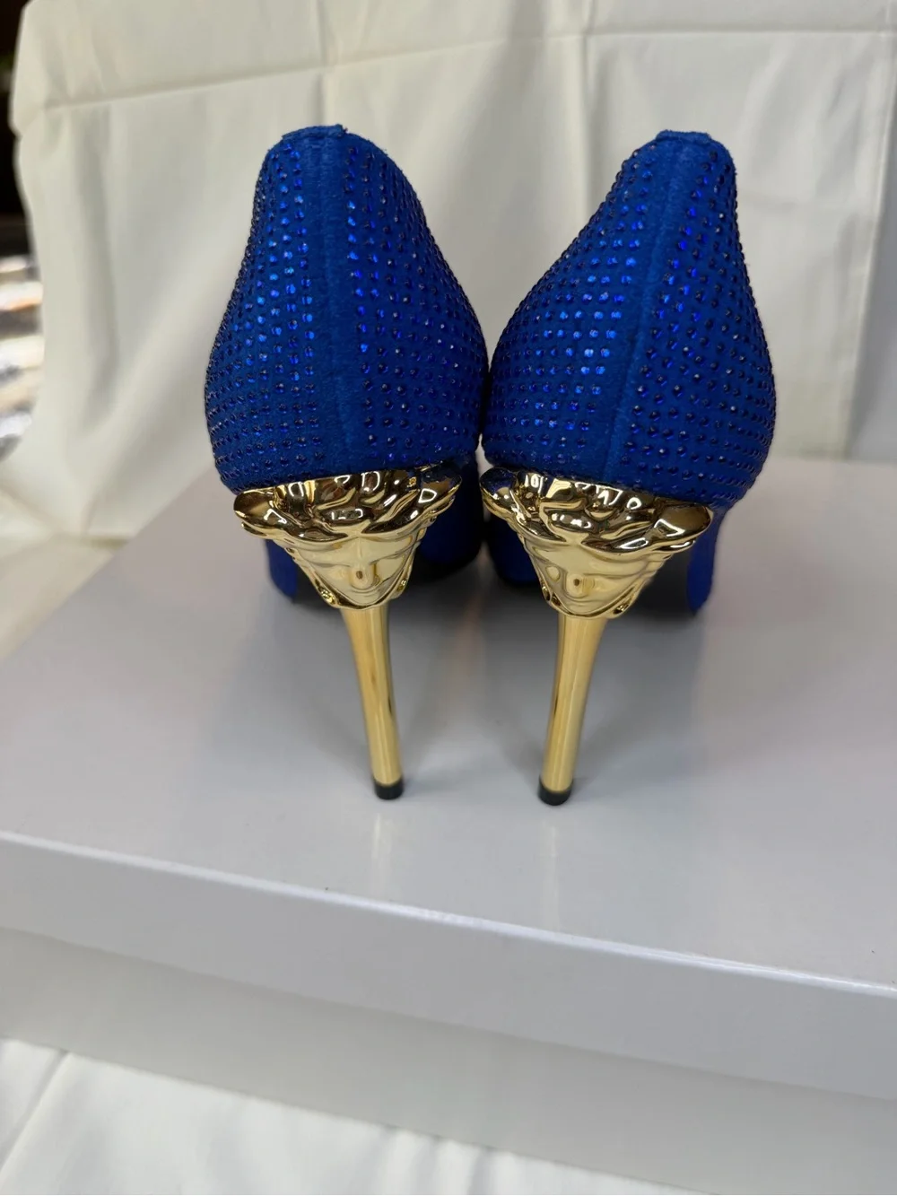Versace Royal Blue Crystal Pointed-Toe Pumps with Gold Medusa